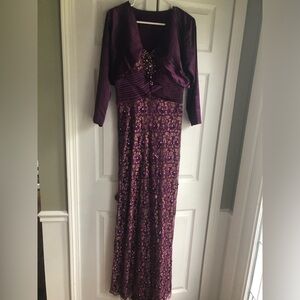Royal Queen burgundy evening gown, size 8, custom jacket, lace, with rhinestones